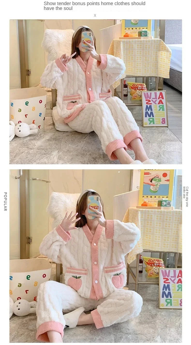 Thickened Warm Pink Peach Coral Velvet Pajamas 2PCS Set Winter Ladies Cardigan Nightwear Homewear Sweet Sleepwear Loungewear