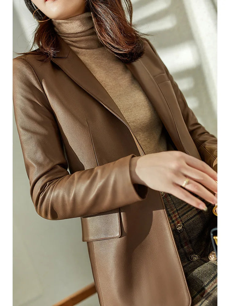 Natural Sheepskin Coat Blazer Mujer Single Button Suit Collar Chic and Elegant Woman Jacket Slim Camel Real Leather Topscoat