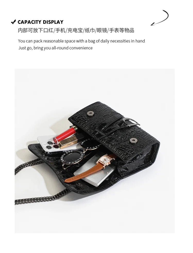 Fashion Ladies Croc Pattern Sequined Chain Crossbody Bag D‑Buckle Shoulder Messenger Handbag Women Evening Party Purse