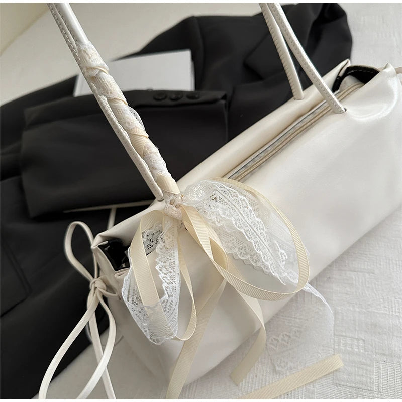 French Elegant Square Bag Korean Bow Decoration Pu High-quality Bag Niche Simple Ballet Style Shoulder Bag New Casual Women Bags
