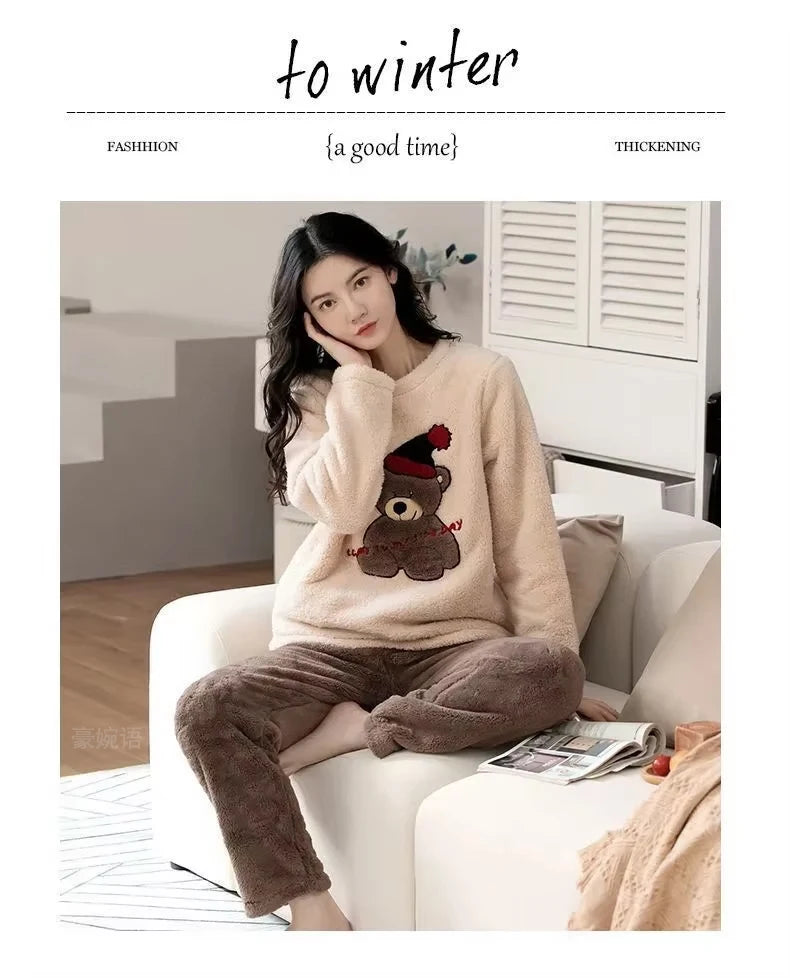 Thickened Warm Large Size Padded Fall and Winter Women's Pajamas Top and Pants Set Coral Velvet Ladies Cartoon Bear 2PCS/Set