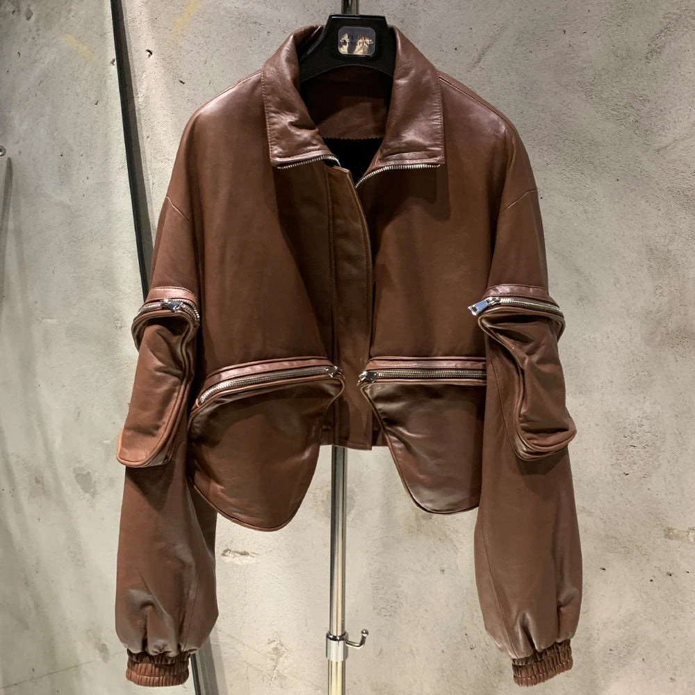 Women Real Leather Bomber 2024 New Coming Autumn Real Leather Jackets with Pockets Inside Down
