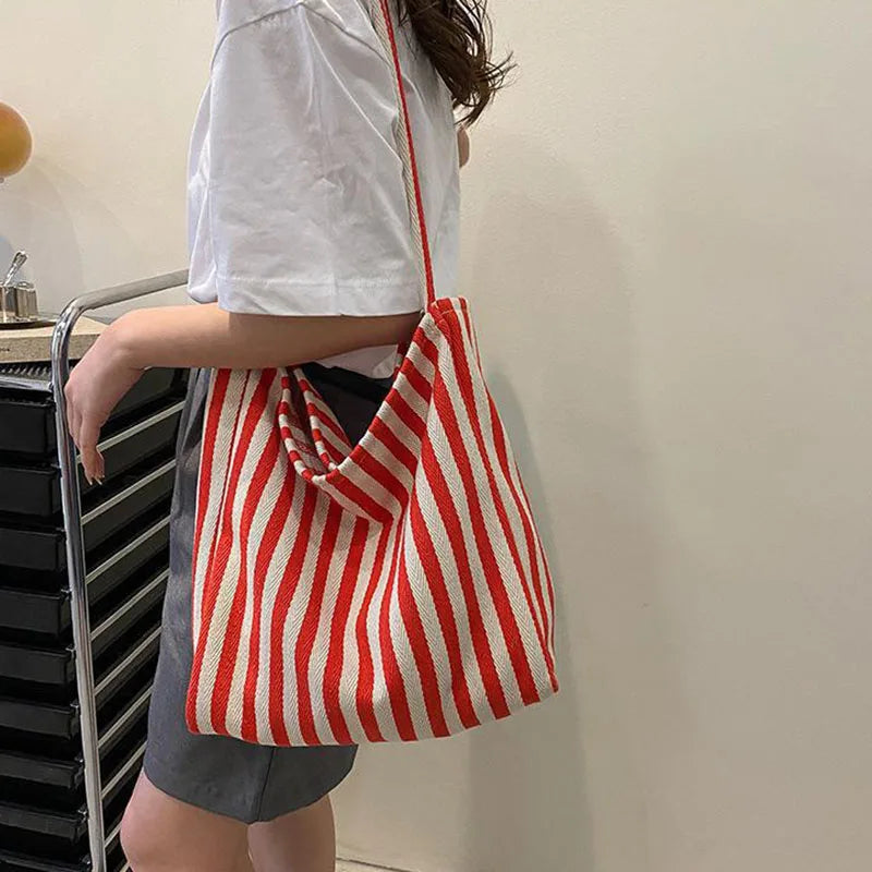 Large Capacity Korean Style Stripe Canvas Tote Bag Female Casual Simple Shoulder Bags Shopping Handbag Daily Totes Bag
