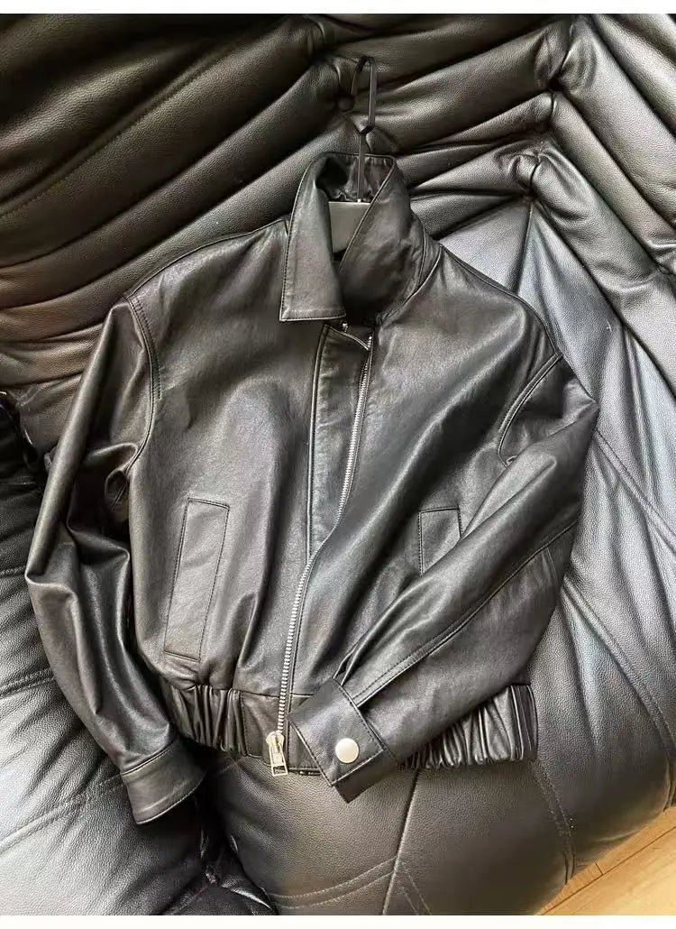 Genuine Leather Jacket for Women Sheepskin Leather Short Coat Female Collar Cropped Veste Woman Clothing Basic Daily Outfit