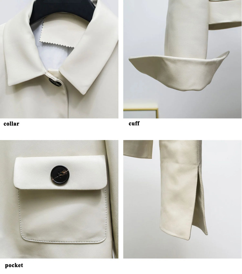 Women Genuine Leather Jacket 2025 Winter Female Square Collar Pocket Single-Breasted Slim Short Coat Mujer Outwear Blazer Kurtki