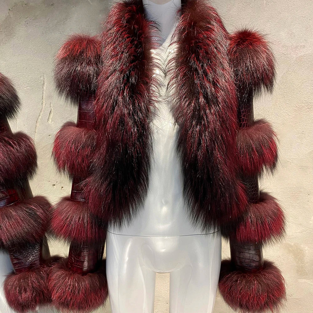 YOLOAgain Women's Natural Fox Fur Jacket Real Leather Cropped Jacket Streetwear