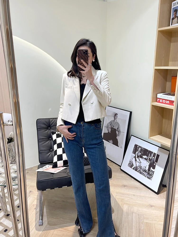 Suit Leather Jacket For Women 2025 Female 100% Sheepskin Lined Suit Collar Slim Short Quilted Coats Retro OL Sobretudo Feminino