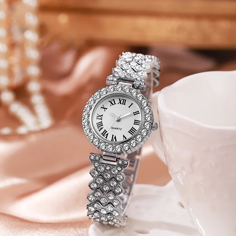 5PCS Elegant Rhinestone Women Quartz Watch Jewelry Set Fashion Ladies Bracelet Strap Wristwatches Reloj Mujer（Without Box）