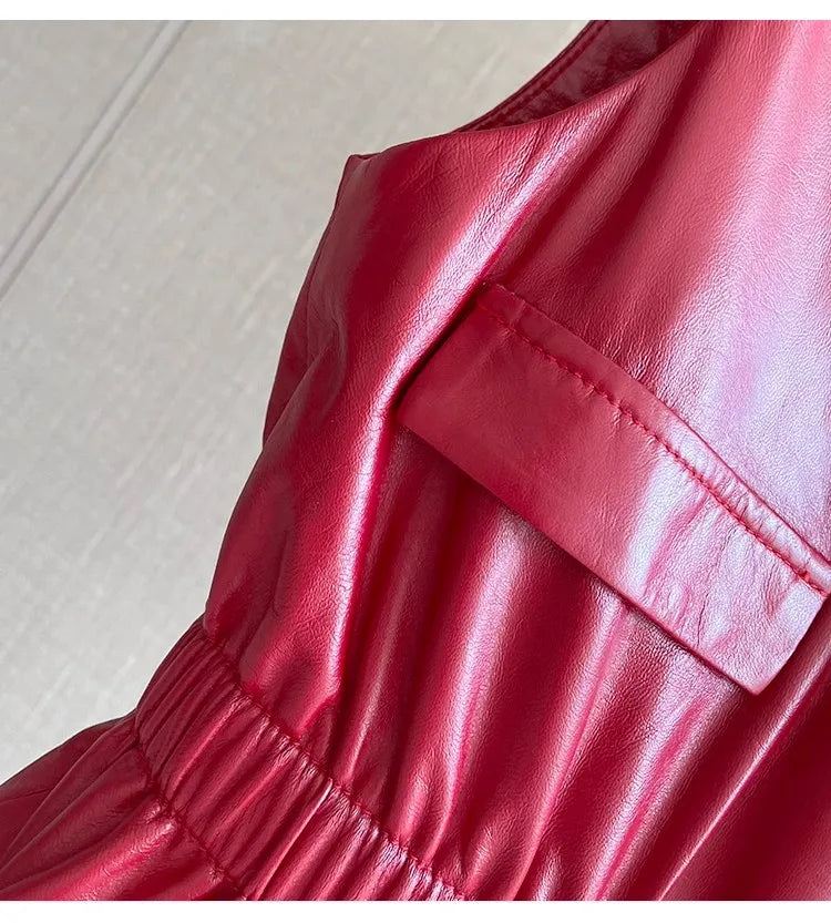 Women's Slim Waist Red Genuine Leather Vest Sleeveless Casual Jacket Short Style Versatile for Spring Autumn