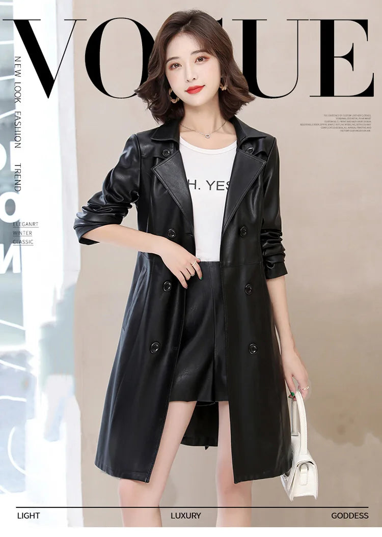 2026 Spring Autumn Sheep Leather Long Trench Coat Women Double Breasted Slim Trench Coat Female Outwear Fashion Windbreaker
