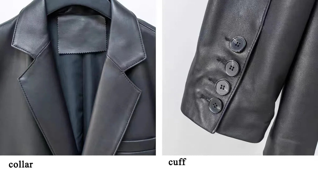 European American Streetwear Leather Jacket For Women Chic Loose Fit Suit Coat Female Flip Pocket Two Bottons White Blazer Mujer