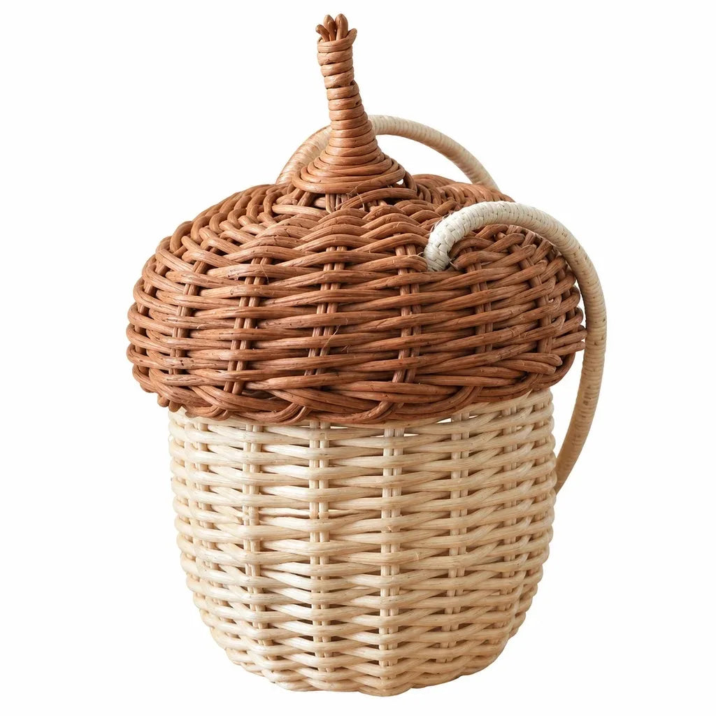 HTMCK New Acorn-shaped Storage Basket Hand-woven Round Rattan Bag Bucket Tropical Beach Style Woven Shoulder Bag Photo Props
