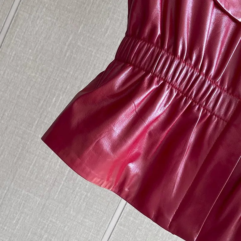 Women's Slim Waist Red Genuine Leather Vest Sleeveless Casual Jacket Short Style Versatile for Spring Autumn
