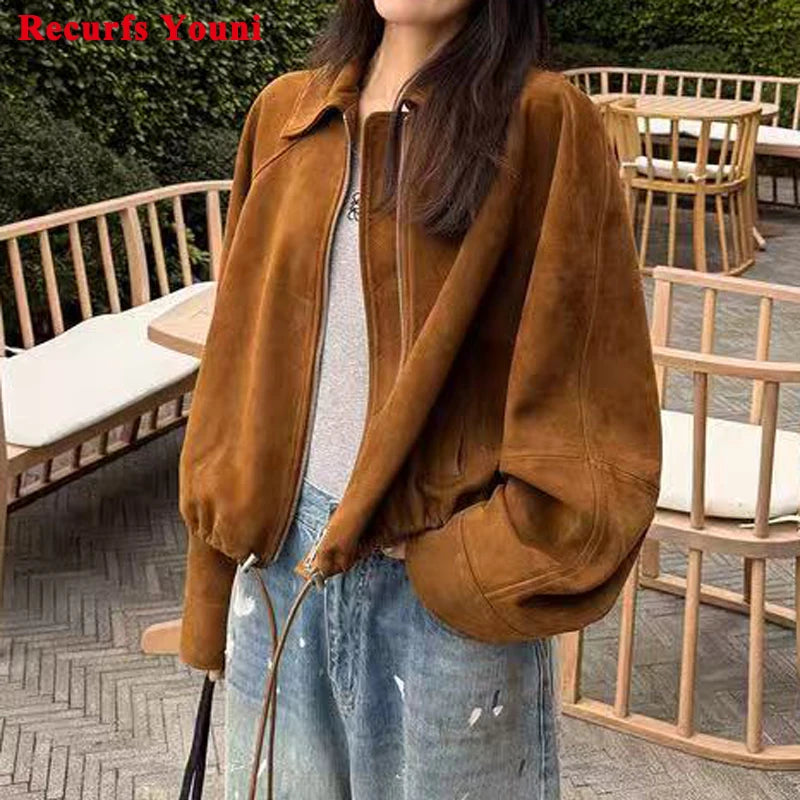 Suede Leather Flower Bud Jacket for Women Trendy Kid Suede Drawstring Silhouette Short Coat Streetwear Chill Casaco Feminino
