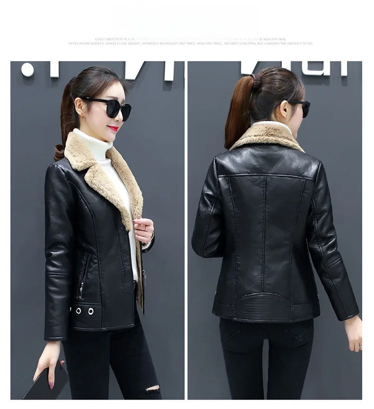 Women's Biker Style Thickened Short Leather Jacket Autumn Winter Street Fashion PU Material Versatile Outerwear Coat