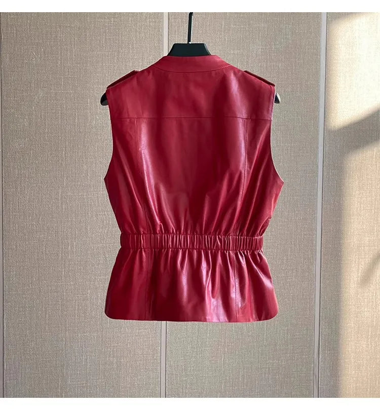 Women's Slim Waist Red Genuine Leather Vest Sleeveless Casual Jacket Short Style Versatile for Spring Autumn