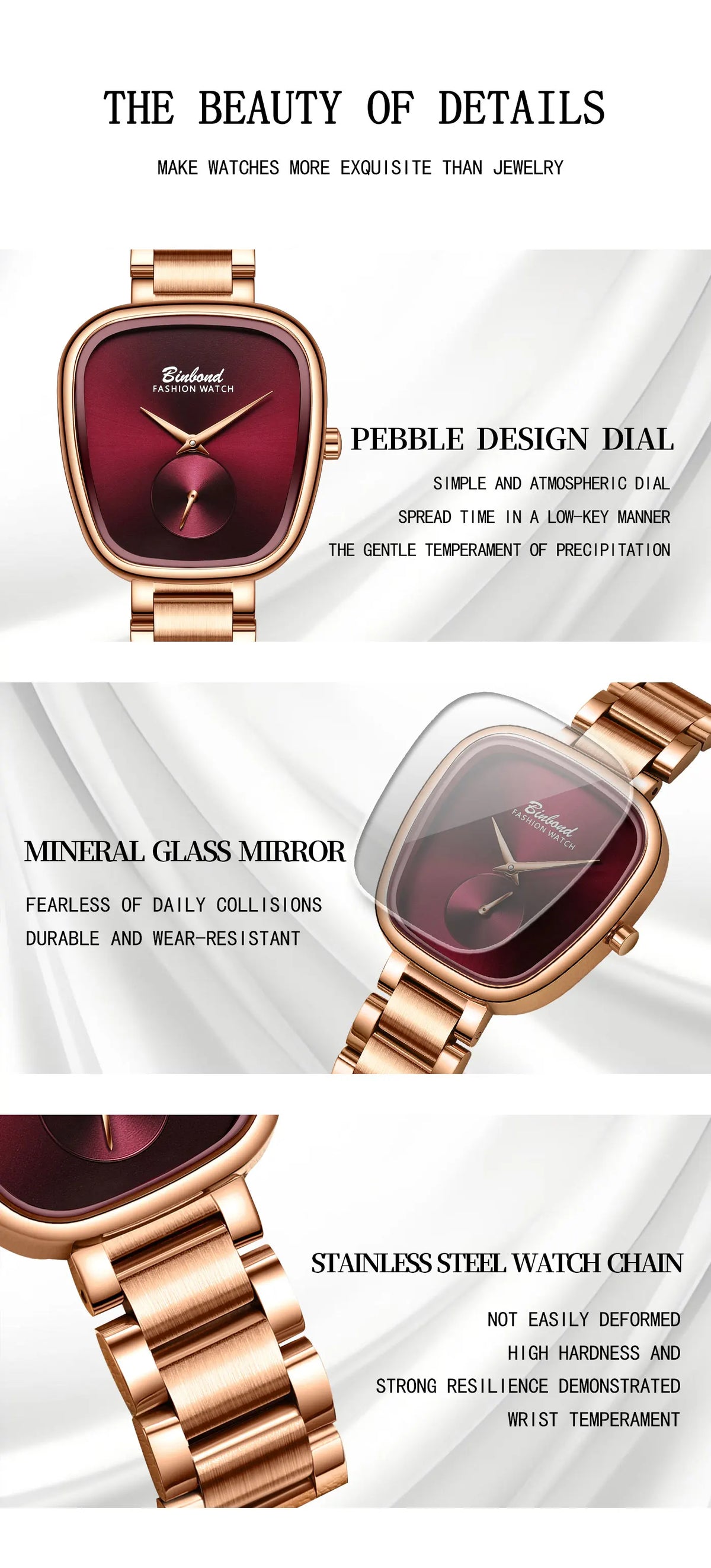 BINBOND Simple Quartz Watches For Women Luxury Precise Luminous Waterproof Elegant Women's Watch Casual Sturdy Stainless Reloj