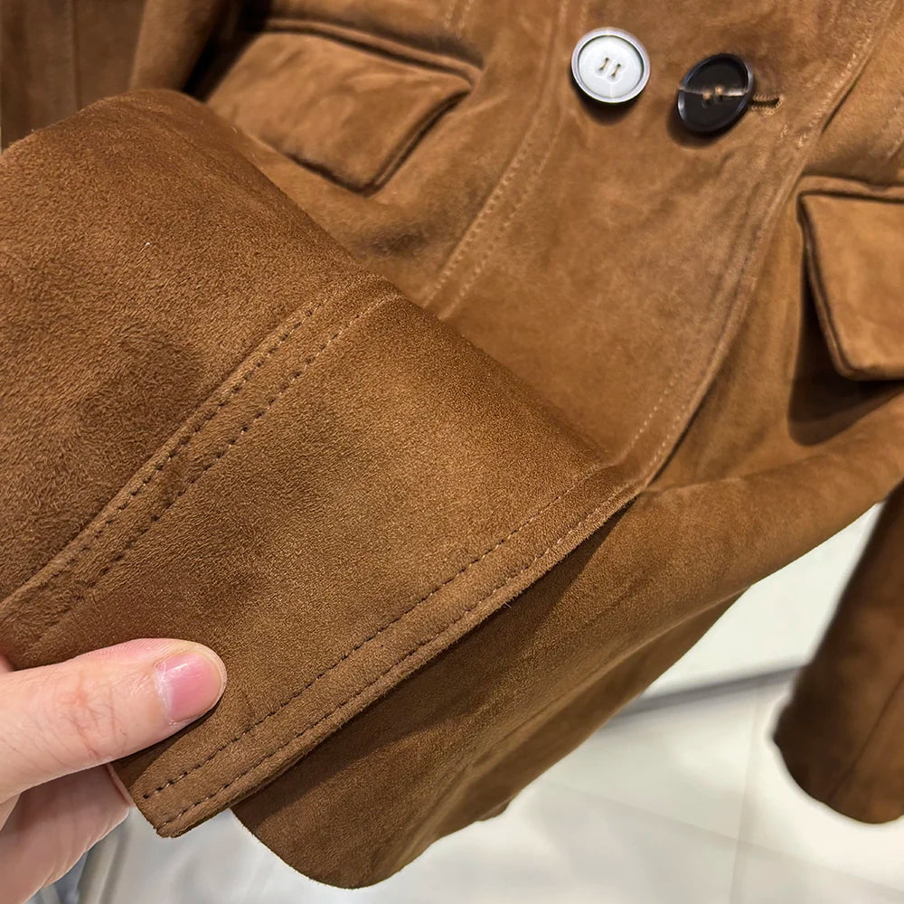 YOLOAgain Vintage Suede Blazer Jacket Women Double Breasted Lapel Dark Brown Genuine Sheepskin Leather Jacket Coat Female