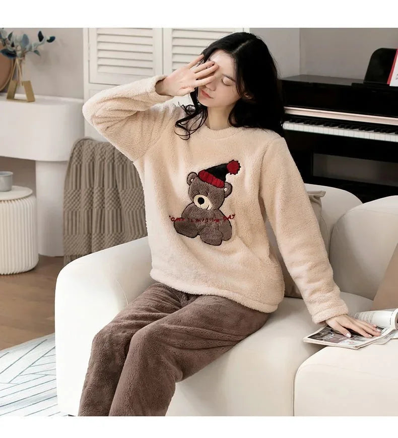 Thickened Warm Large Size Padded Fall and Winter Women's Pajamas Top and Pants Set Coral Velvet Ladies Cartoon Bear 2PCS/Set