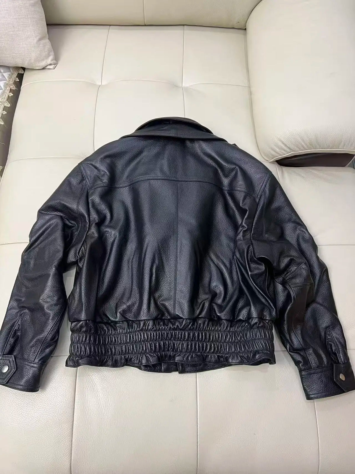 Leather Coat Autumn Winter Women Vintage Fashion Double Collar Lychee Pattern Sheepskin Bubble Leather Zipper Motorcycle Jacket