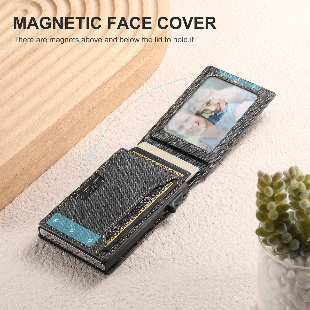 Push-out Card High Quality Faux Leather Card Holder Wallet Holder Large Capacity Can Hold 1-12 Cards 1 Photo Black/Brown/Blue