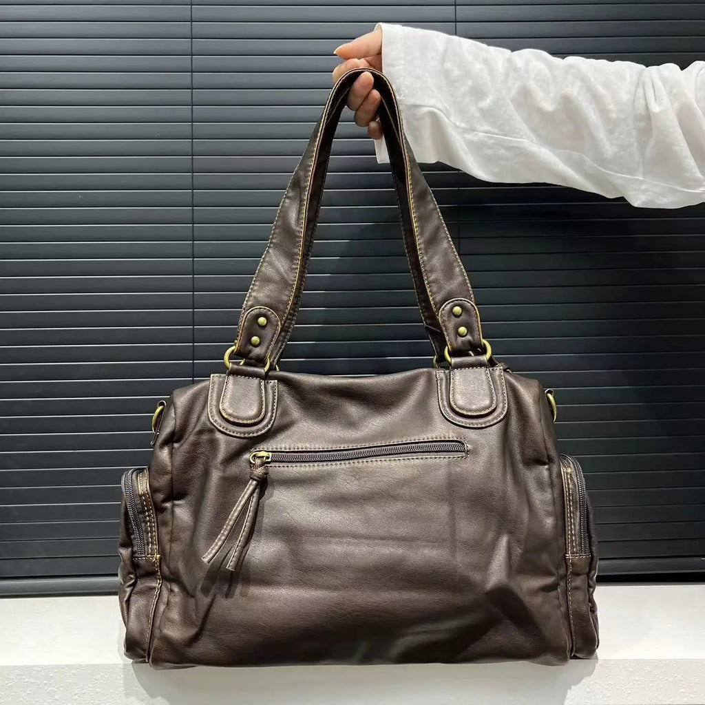Y2K Hot Girl Single Shoulder Crossbody Bag Vintage Washed Leather Motorcycle Bag Large Capacity Multi Pocket Bag