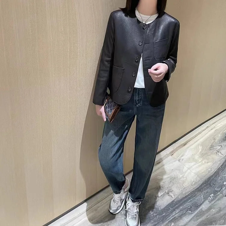 Women's Autumn Clothing European High Quality Sheepskin Casual O-Neck Single-Breasted Coffee Litchi Stria Genuine Leather Jacket