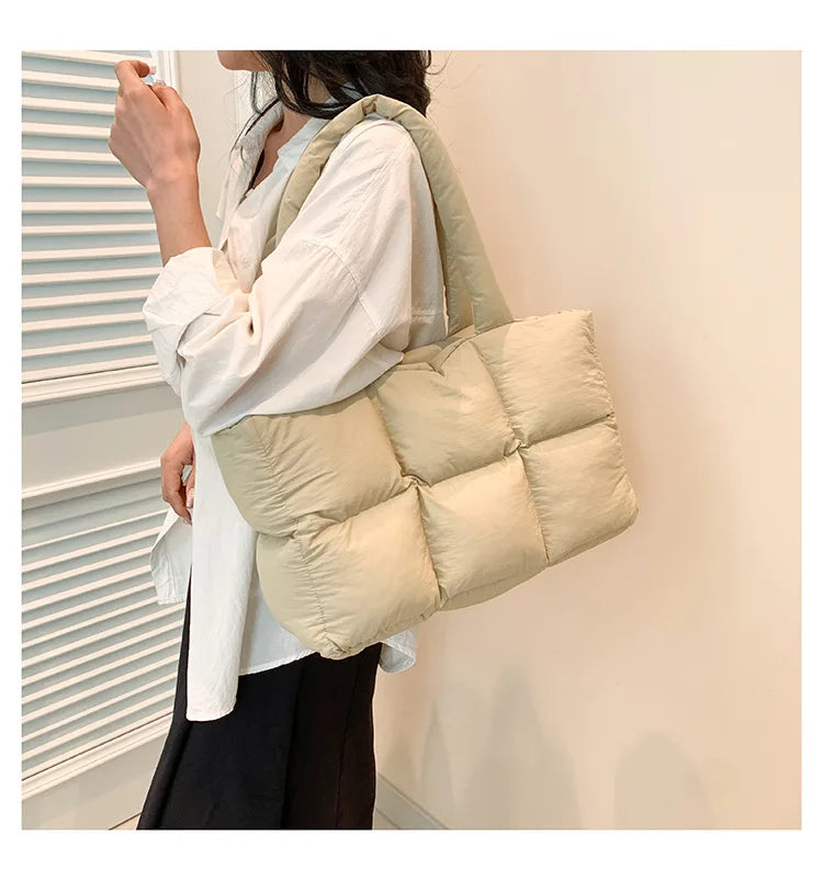 Quilted Plaid Bag Women Tote Handbags Retro Trendy Checkered Waterproof Shoulder Bag Solid Color Winter Soft Large Capacity Bags