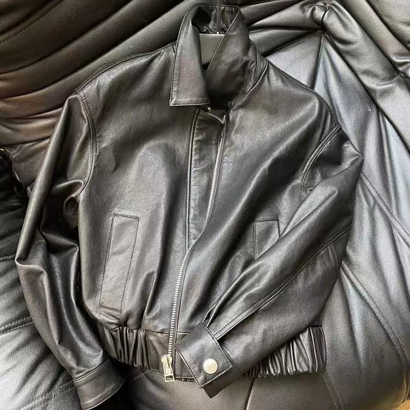 Genuine Leather Jacket for Women Sheepskin Leather Short Coat Female Collar Cropped Veste Woman Clothing Basic Daily Outfit