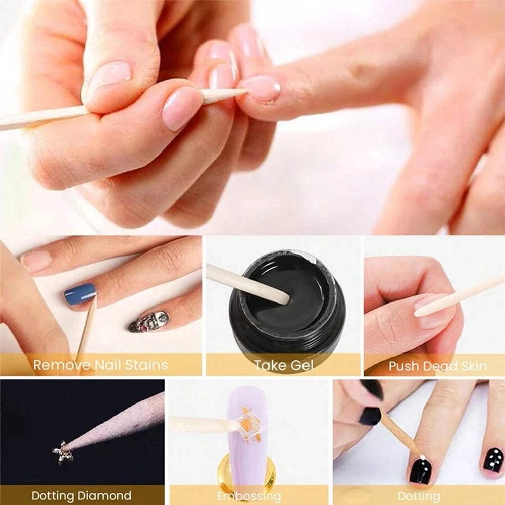100PCS Cuticle Pusher Remover Nail Art Tools Beechwood Stick Sticks Rhinestones Picker Bead Pusher Manicure Pedicure Care
