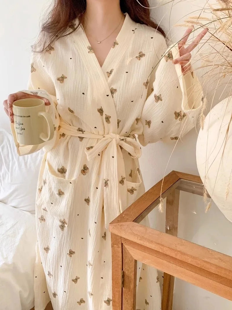 Women Bathing Robe Cartoon Cute Bear Print Bathrobe Nightgown Cardigan Long Sleeve Nightdress Plus Size Loungewear Nightgown Ro