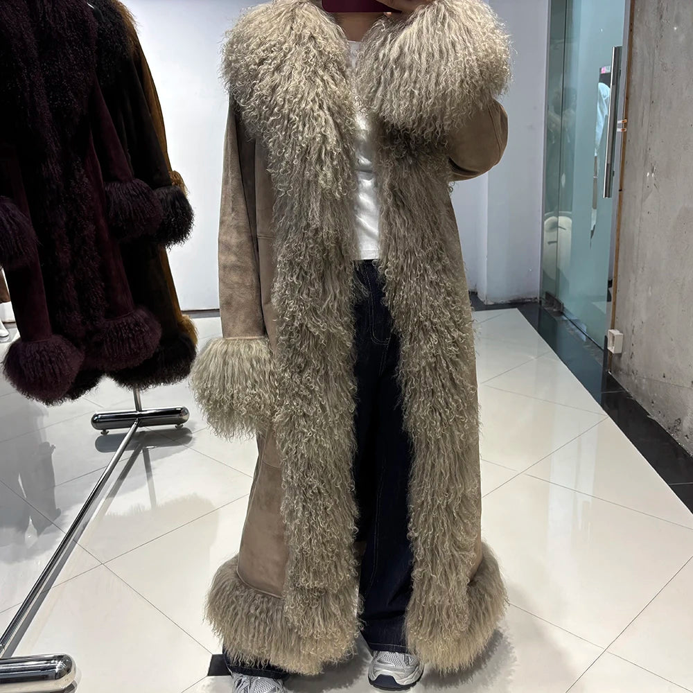 YOLOAgain Mongolia Sheep Fur Collar Real Leather Coat Women Suede Jacket 2025 Winter Outerwear