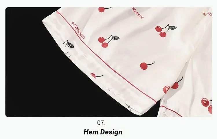 Cherry Print Silk Pajamas Set For Women Summer Short Sleeve Shirt And Shorts Two Pieces Sleepwear Homewear Nightwear