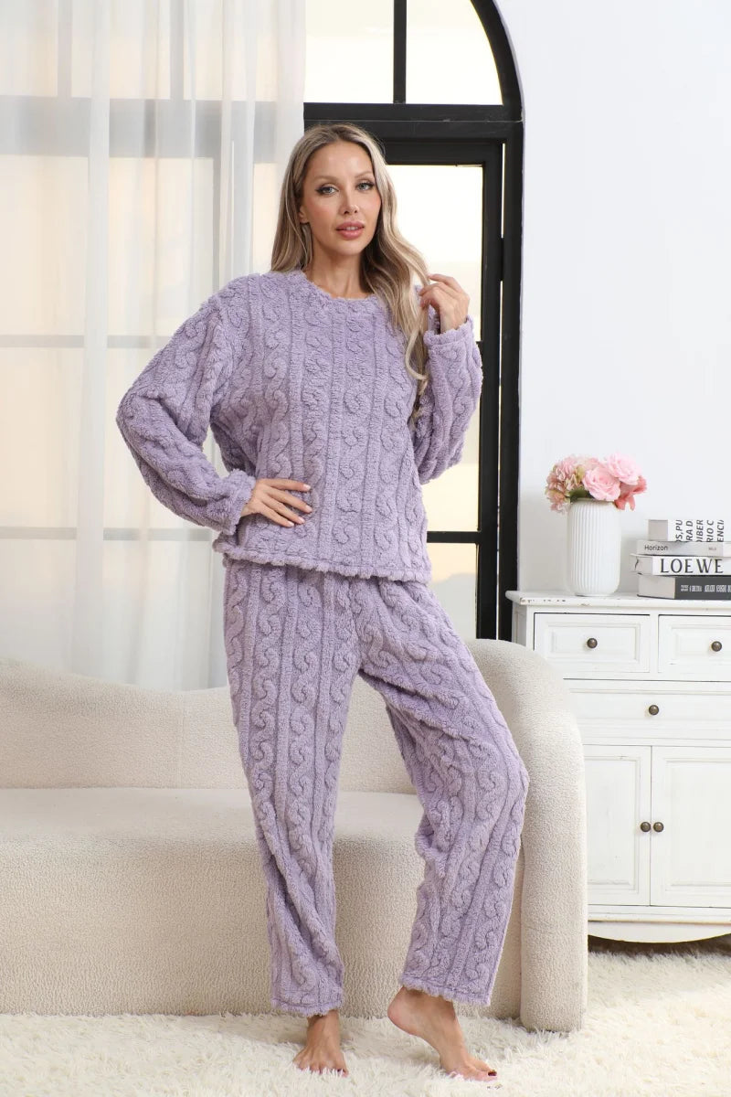 Women's Autumn and Winter Thermal Pajamas Sets Coral Velvet Jacquard Warm Loungewear Female Soft Comfortable Thickened Sleepwear