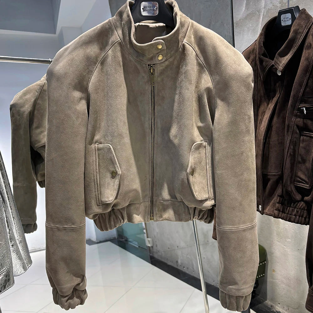 YOLOAgain Suede Leather Jacket Coat Women Real Leather Cropped Jacket Bomber Jacket