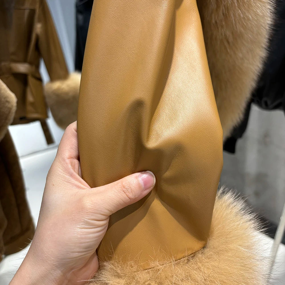 YOLOAgain Women's Real Fox Fur Collar Sheepskin Leather Jacket Coat Autumn 2025