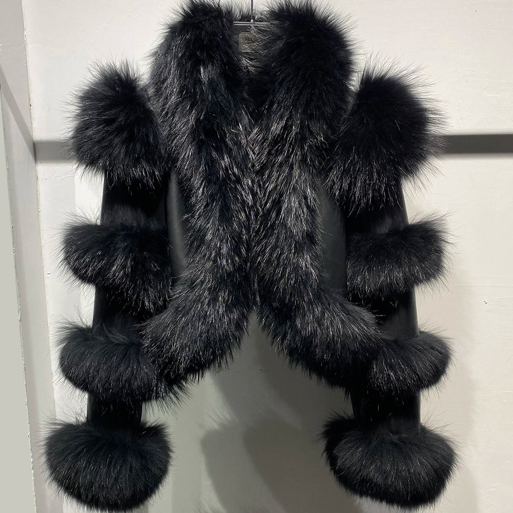 YOLOAgain Women's Natural Fox Fur Jacket Real Leather Cropped Jacket Streetwear
