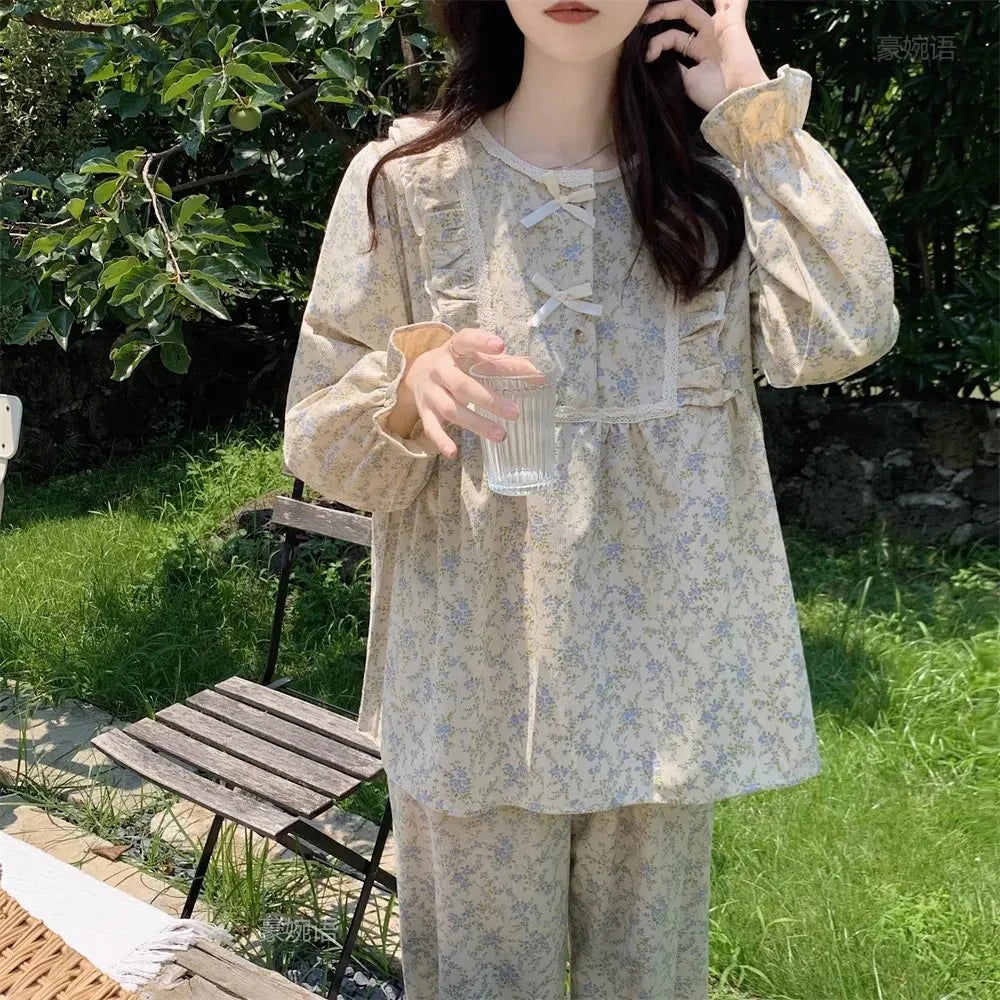 Women Plus Size Pajamas Garden Style Student Homewear Two-Piece Korean Version of the Bow Can Be Worn Outside Long-Sleeved Women