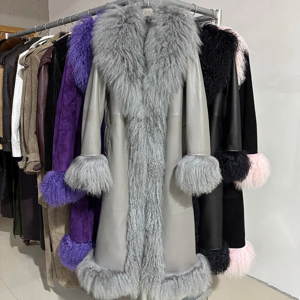 YOLOAgain Real Mongolia Sheep Fur Jacket Long Dark Brown Suede Coat Women