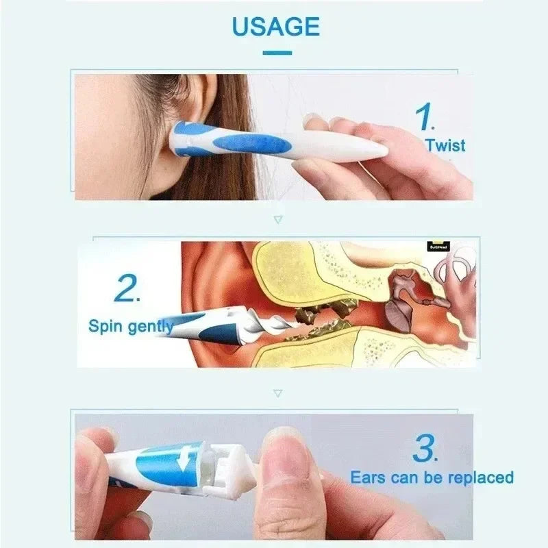 Portable Spiral Ear Wax Remover Tool Ear Cleaner with Soft Silicone 16 Replacement Tips Simply To Grab Extract Earwax