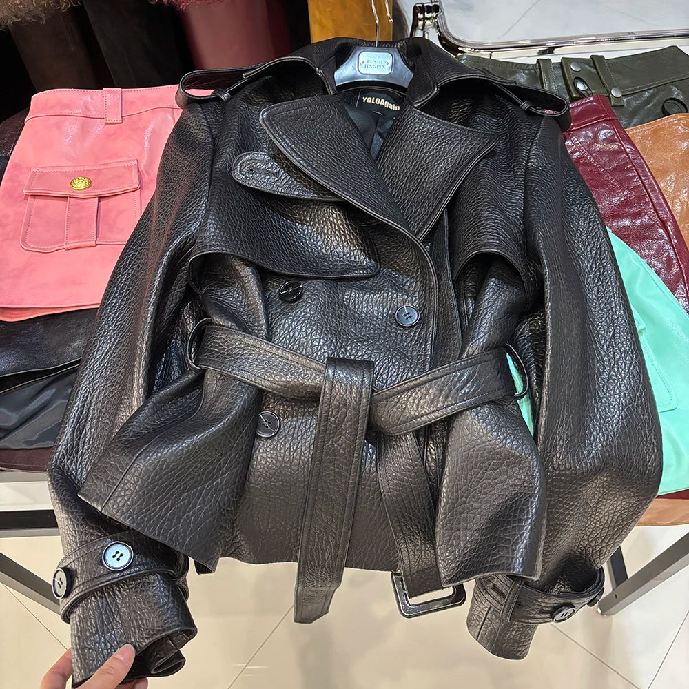 YOLOAgain High Quality Suede Leather Jacket Women With Belt Double Breasted Croc Pattern Jacket Female