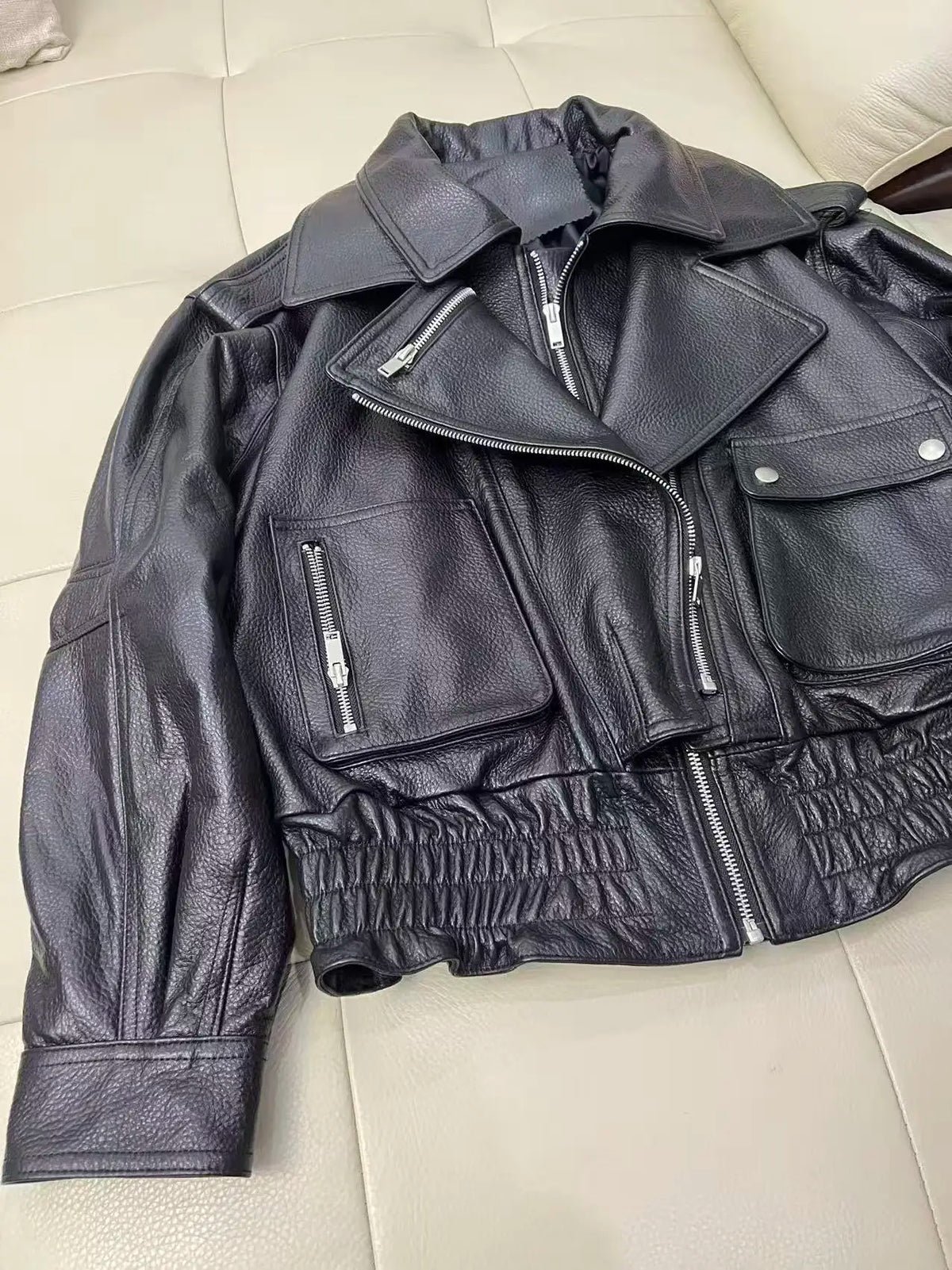 Leather Coat Autumn Winter Women Vintage Fashion Double Collar Lychee Pattern Sheepskin Bubble Leather Zipper Motorcycle Jacket