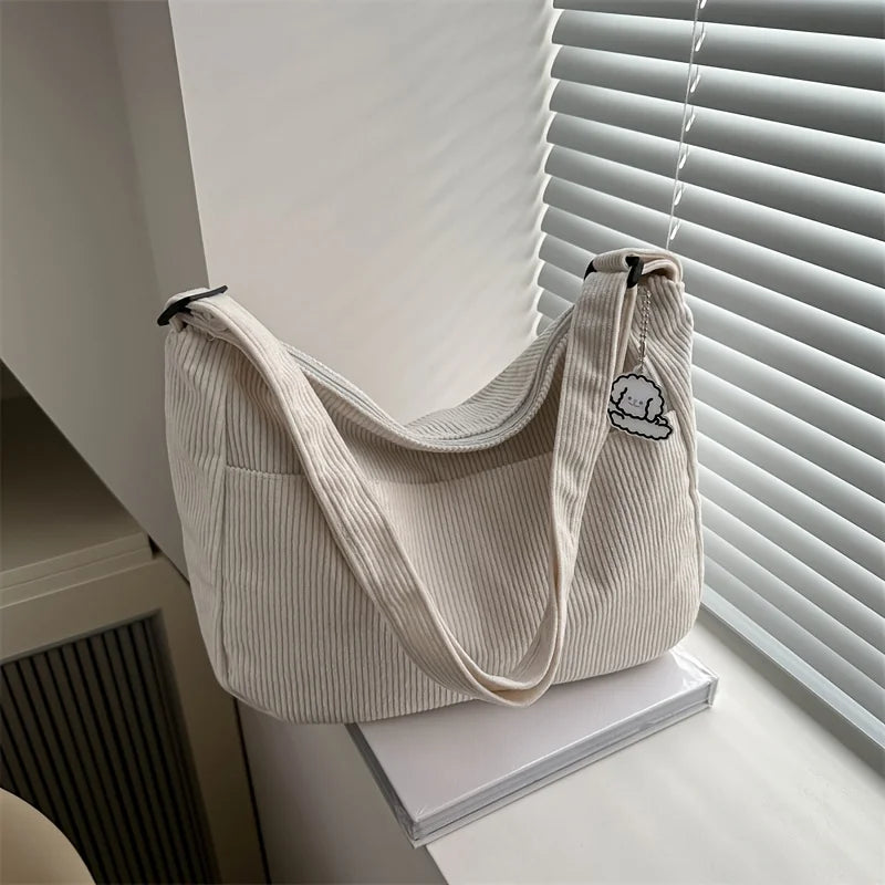 Women’s Corduroy Shoulder Bag, Casual Striped Large Capacity Tote with Zipper Closure, Cute Hat Patch, Perfect for Everyday Use