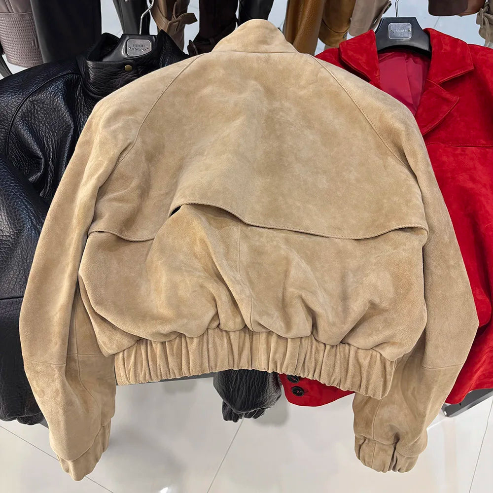 YOLOAgain Suede Leather Jacket Coat Women Real Leather Cropped Jacket Bomber Jacket