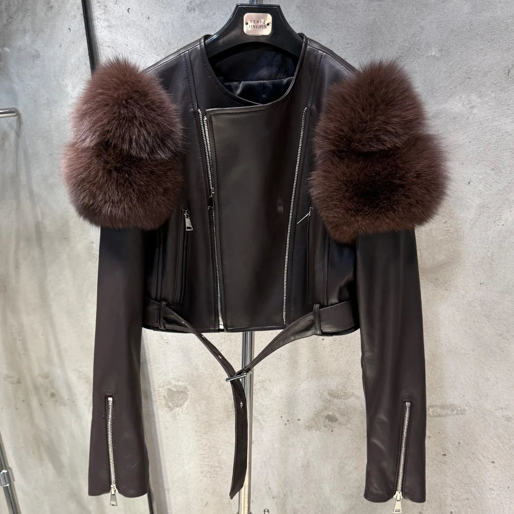 Leather Jacket Factory Ladies Short Leather Jacket Real Fox Fur Sleeve Coat Women Autumn 21001