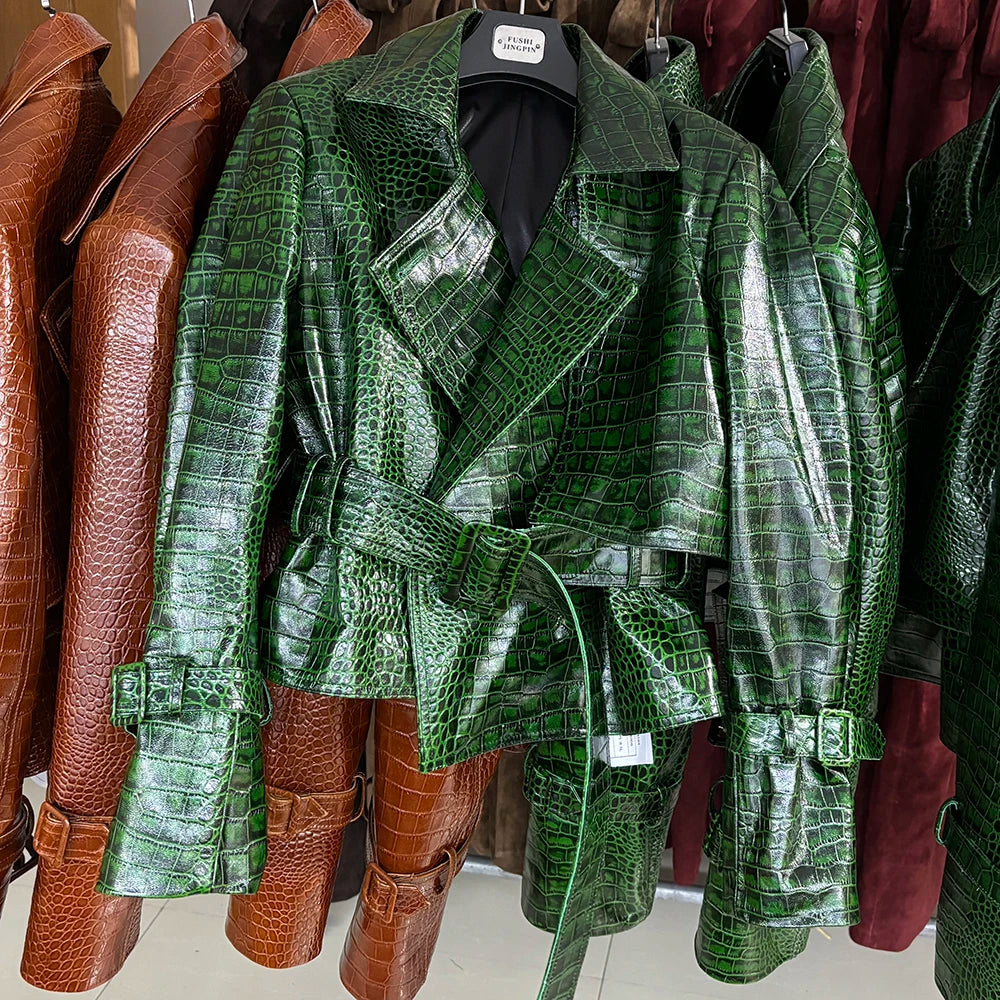 YOLOAgain 2025 Autumn Elegant Real Leather Jacket Coat Women Oversized Leather Jacket With Belt