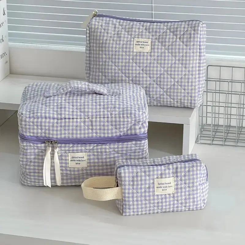 Women Large Capacity Checkered Cosmetic Bag Girls Cotton  Skincare Brushes Storage Bag Portable Travel Toiletry Bag Makeup Bag