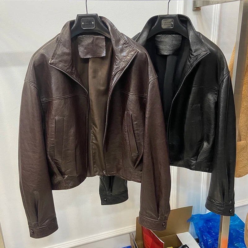 Women Spring Black Genuine Sheepskin Leather Short Jacket Coat Autumn Real Leather Jacket
