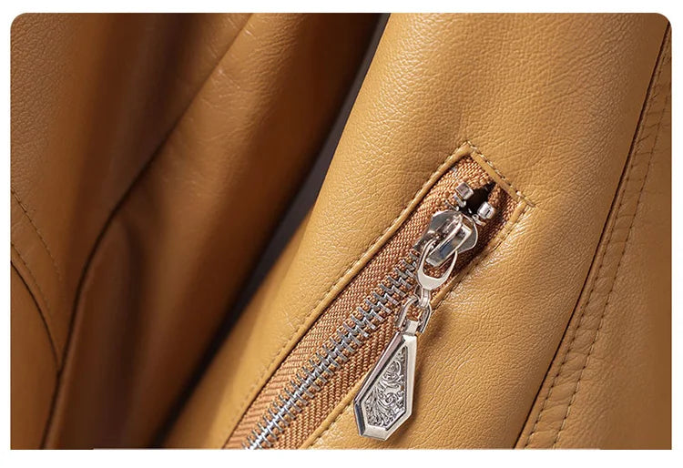 New Women Spring Autumn Leather Jacket Fashion Suit Collar Long Sleeve Motorcycle Jacket Casual Short Biker Coat Split Leather