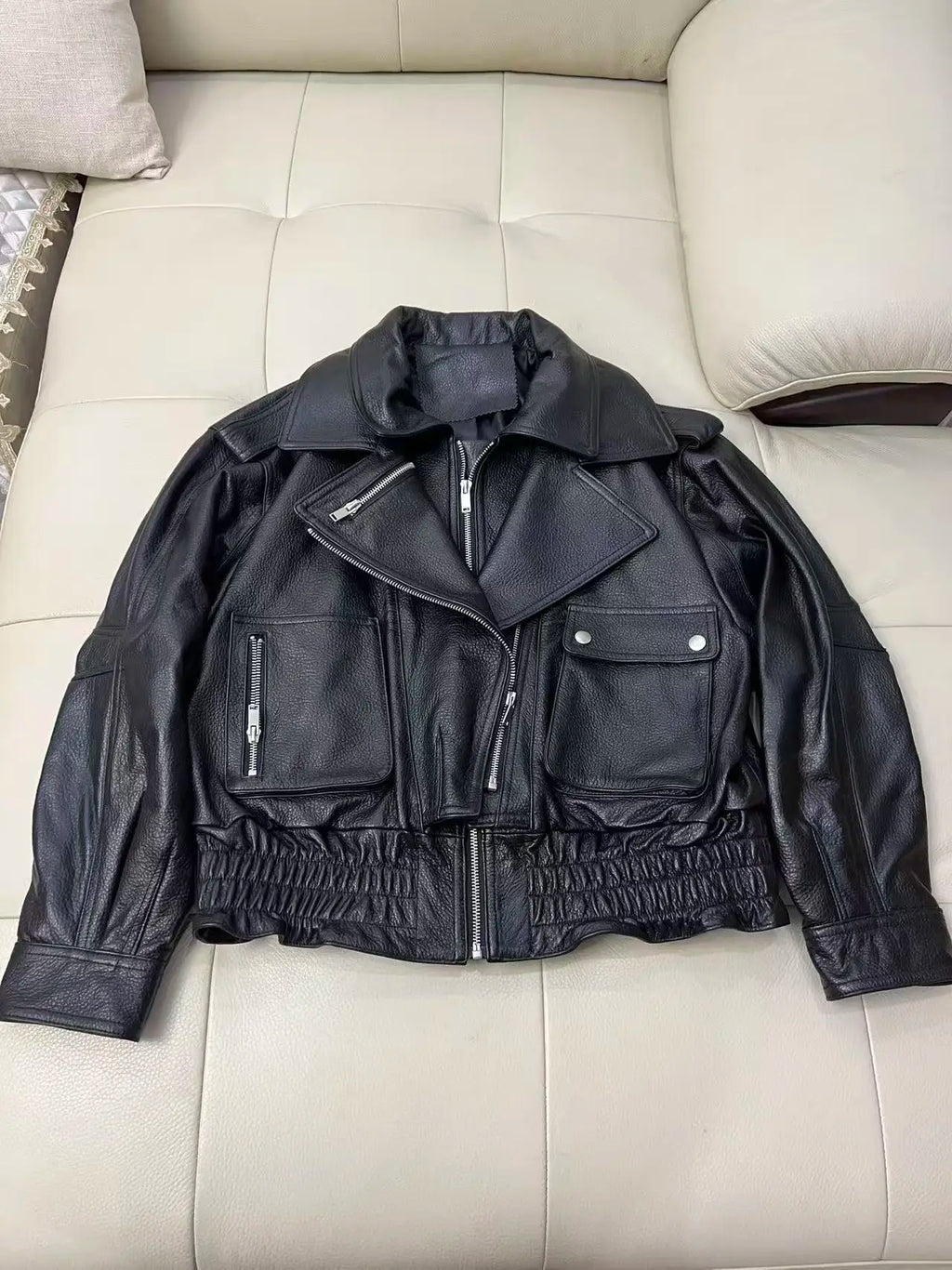 Leather Coat Autumn Winter Women Vintage Fashion Double Collar Lychee Pattern Sheepskin Bubble Leather Zipper Motorcycle Jacket